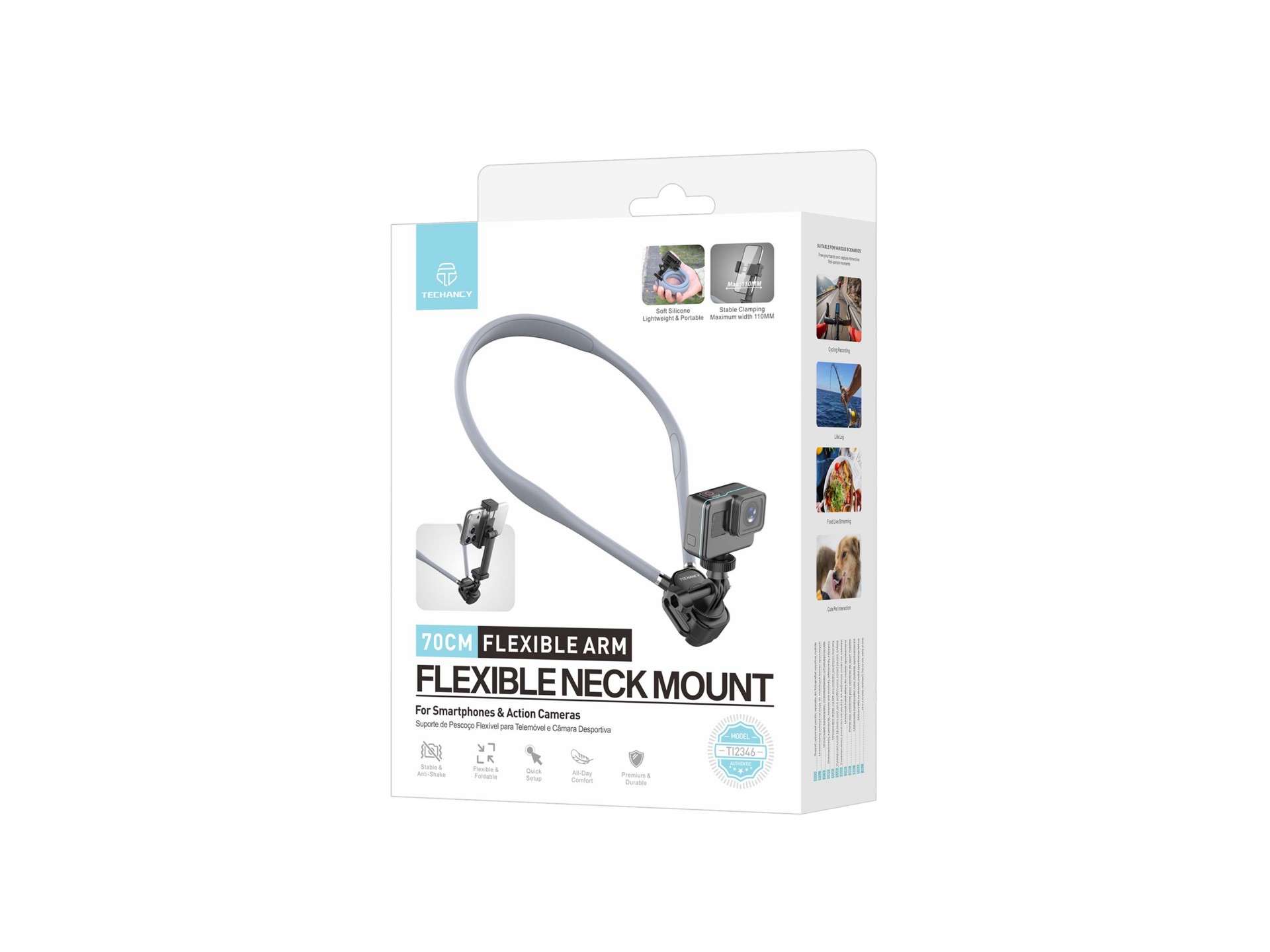 Techancy Supporto da Collo TI2346 per Fotocamere e Smartphone con Braccio Flessibile da 70 cm, Mani 