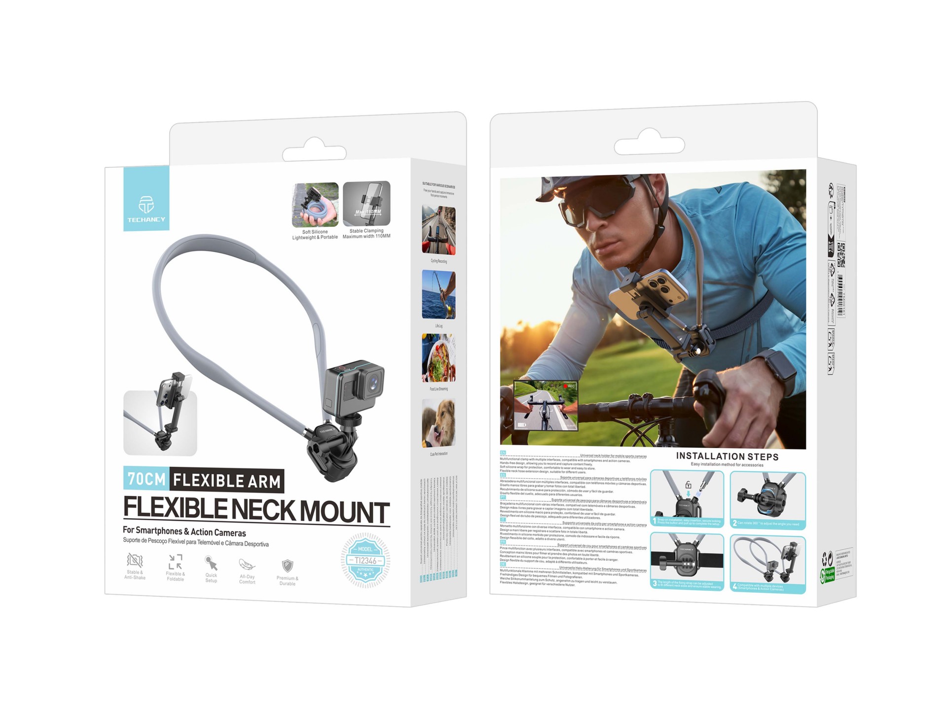 Techancy Supporto da Collo TI2346 per Fotocamere e Smartphone con Braccio Flessibile da 70 cm, Mani 