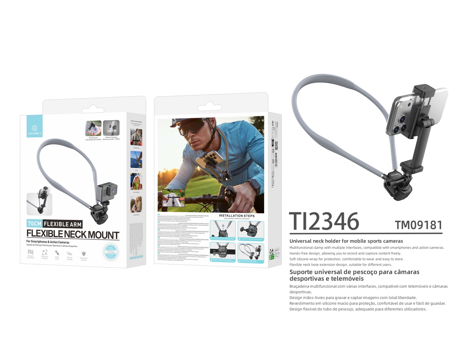 Techancy Supporto da Collo TI2346 per Fotocamere e Smartphone con Braccio Flessibile da 70 cm, Mani 
