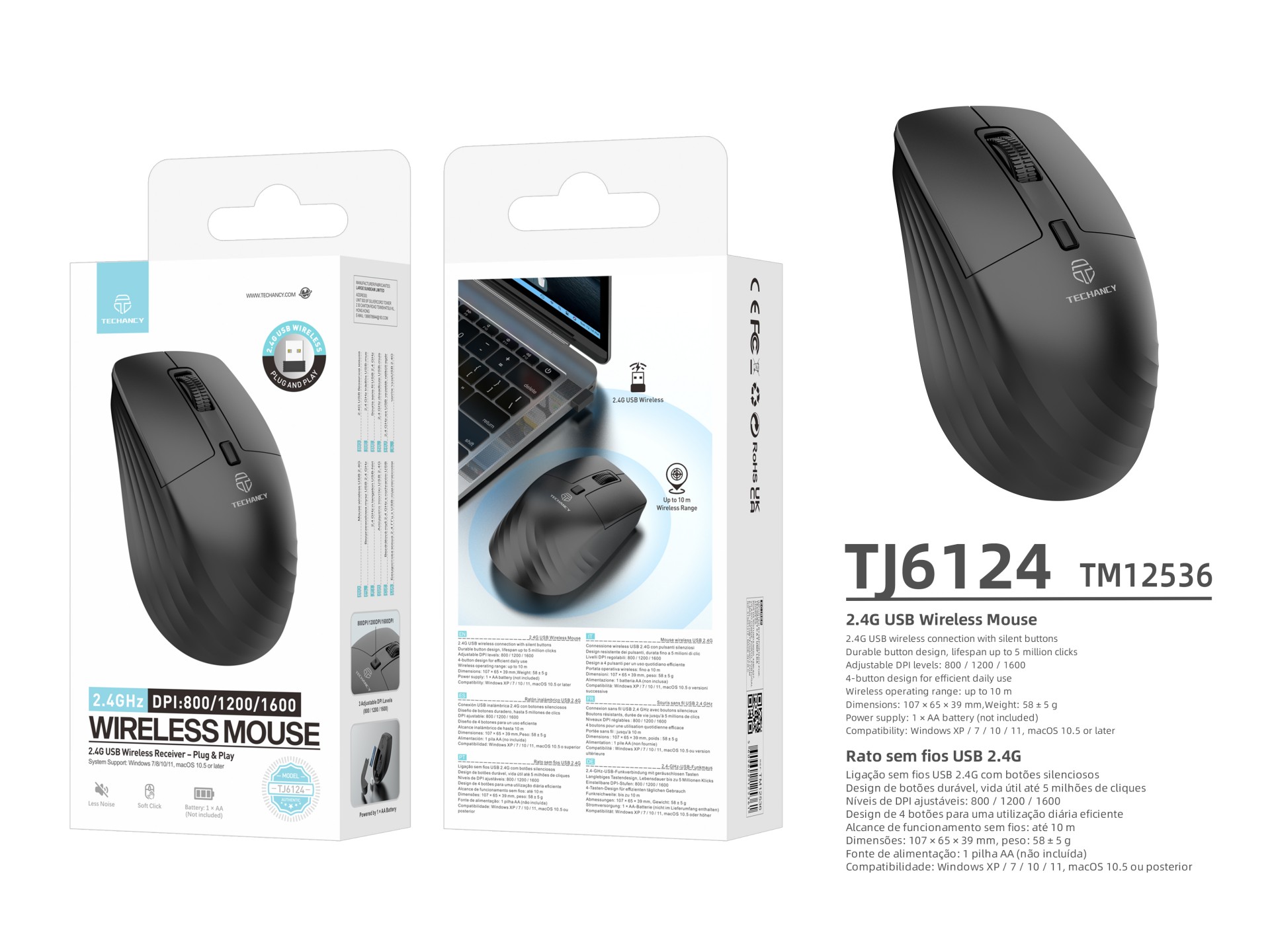 Techancy 2.4GHz Wireless Mouse TJ6124 with USB Receiver, Plug and Play, Silent Buttons, 800/1200/160 Techancy 2.4GHz Wireless Mouse TJ6124 with USB Receiver, Plug and Play, Silent Buttons, 800/1200/160