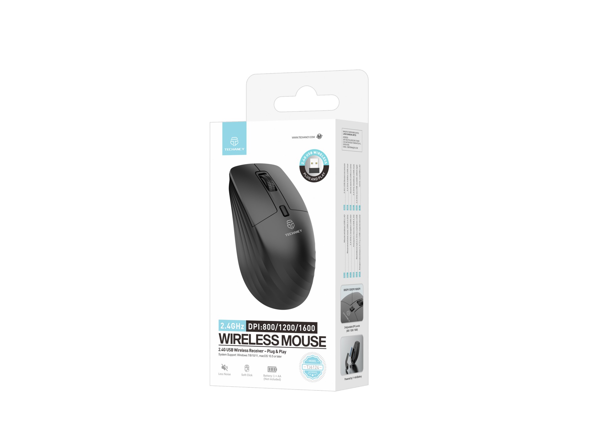 Techancy 2.4GHz Wireless Mouse TJ6124 with USB Receiver, Plug and Play, Silent Buttons, 800/1200/160 Techancy 2.4GHz Wireless Mouse TJ6124 with USB Receiver, Plug and Play, Silent Buttons, 800/1200/160