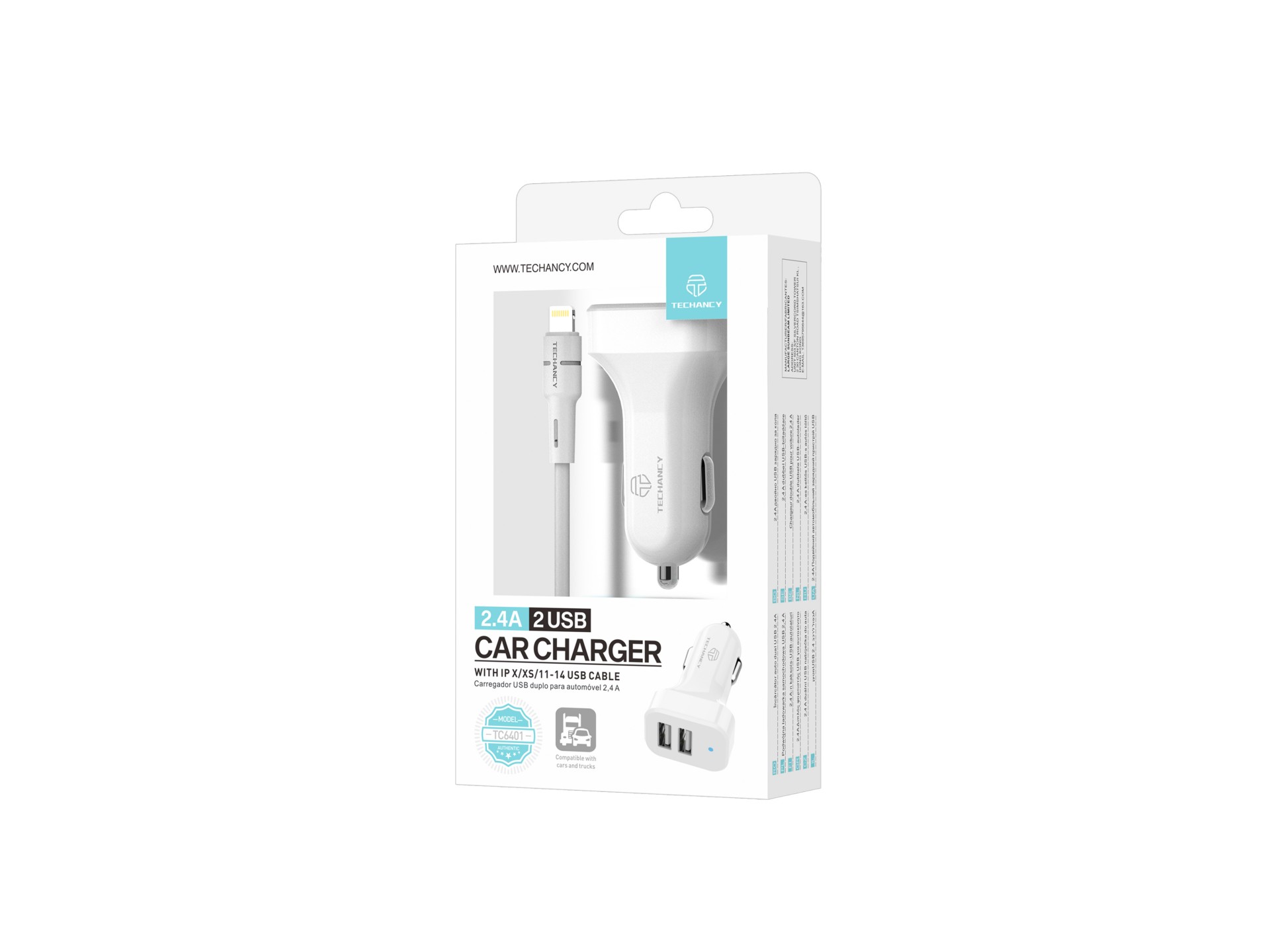 Techancy TC6401 Carregador de Carro Duplo USB 2.4A com Cabo Lightning Branco Techancy TC6401 Carregador de Carro Duplo USB 2.4A com Cabo Lightning Branco