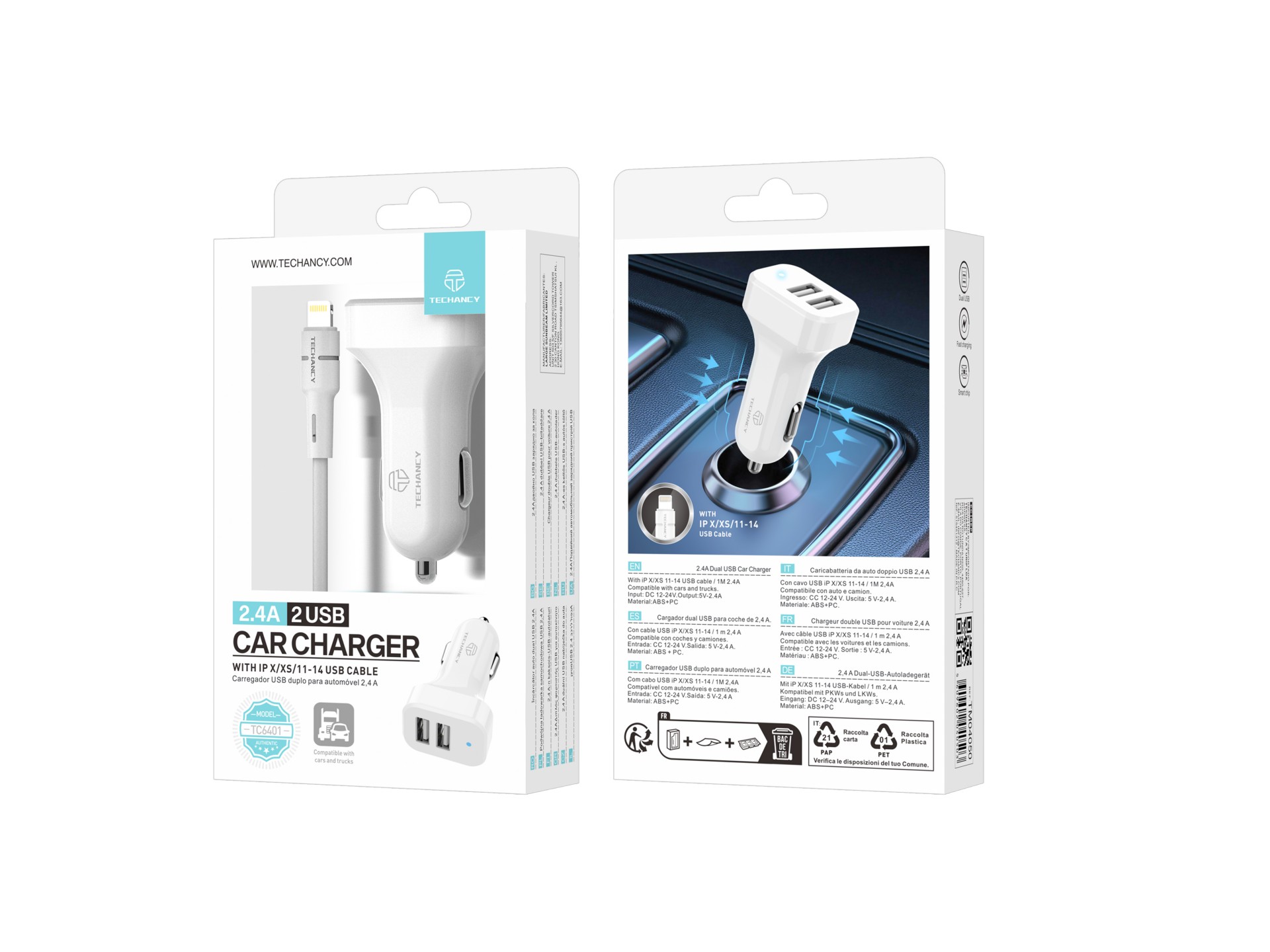 Techancy TC6401 Carregador de Carro Duplo USB 2.4A com Cabo Lightning Branco Techancy TC6401 Carregador de Carro Duplo USB 2.4A com Cabo Lightning Branco