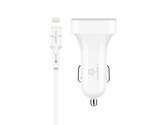Techancy TC6401 Carregador de Carro Duplo USB 2.4A com Cabo Lightning Branco