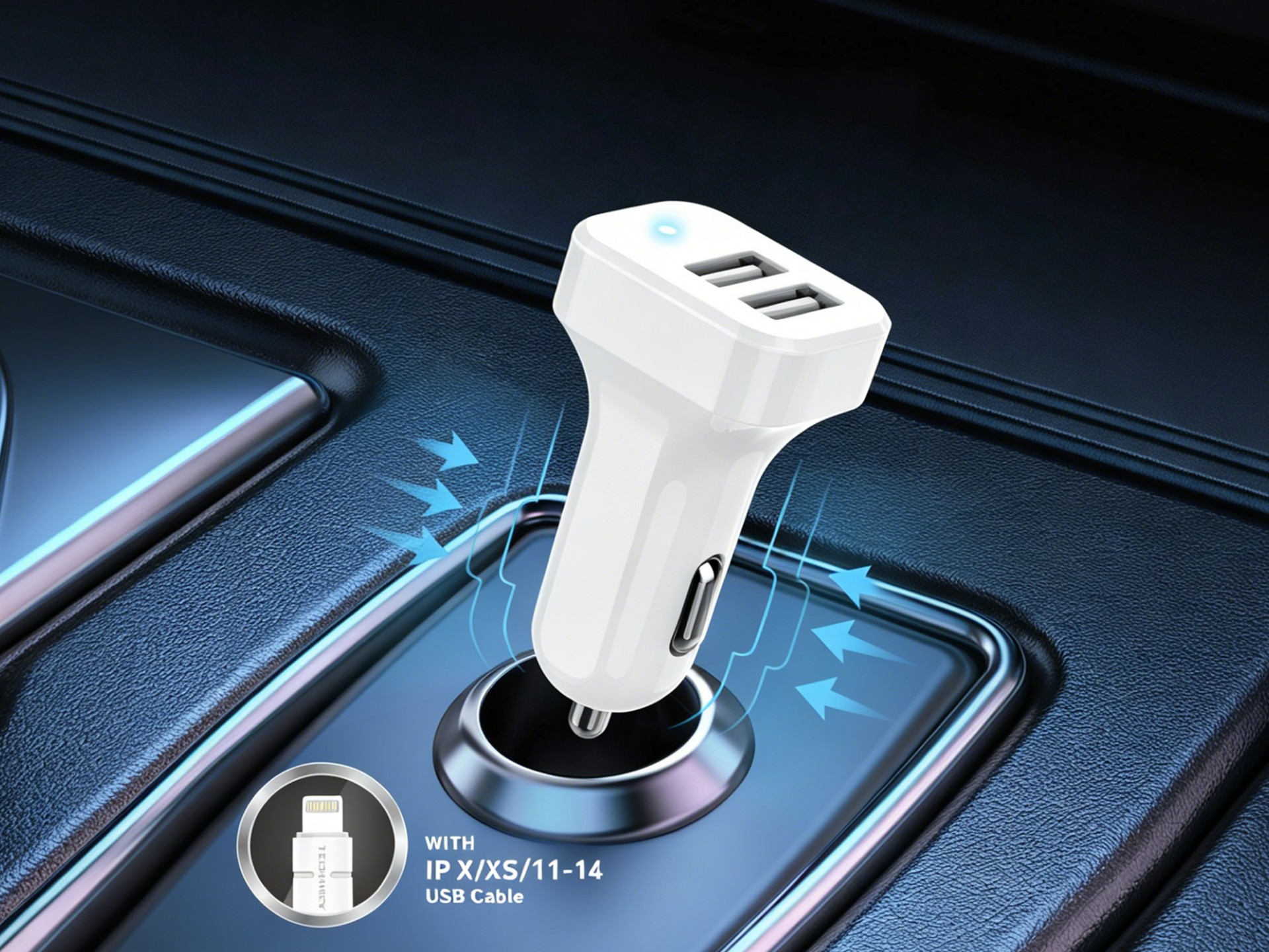 Techancy TC6401 Carregador de Carro Duplo USB 2.4A com Cabo Lightning Branco Techancy TC6401 Carregador de Carro Duplo USB 2.4A com Cabo Lightning Branco