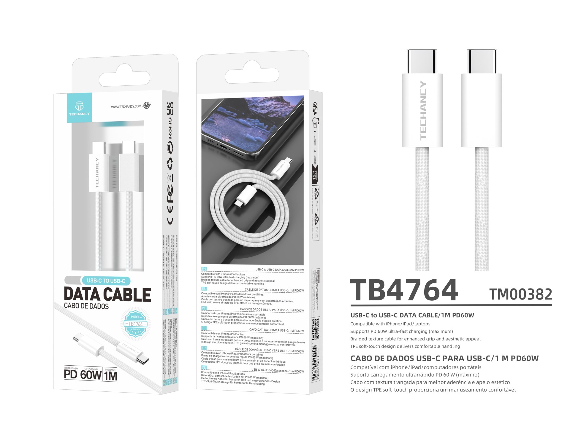Techancy TB4764 USB-C to USB-C Cable, 1m, PD 60W, Braided, Fast Charging, Compatible with Smartphone Techancy TB4764 USB-C to USB-C Cable, 1m, PD 60W, Braided, Fast Charging, Compatible with Smartphone