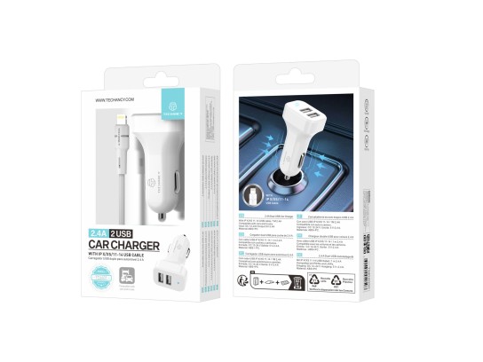 Techancy TC6401 Carregador de Carro Duplo USB 2.4A com Cabo Lightning Branco Techancy TC6401 Carregador de Carro Duplo USB 2.4A com Cabo Lightning Branco