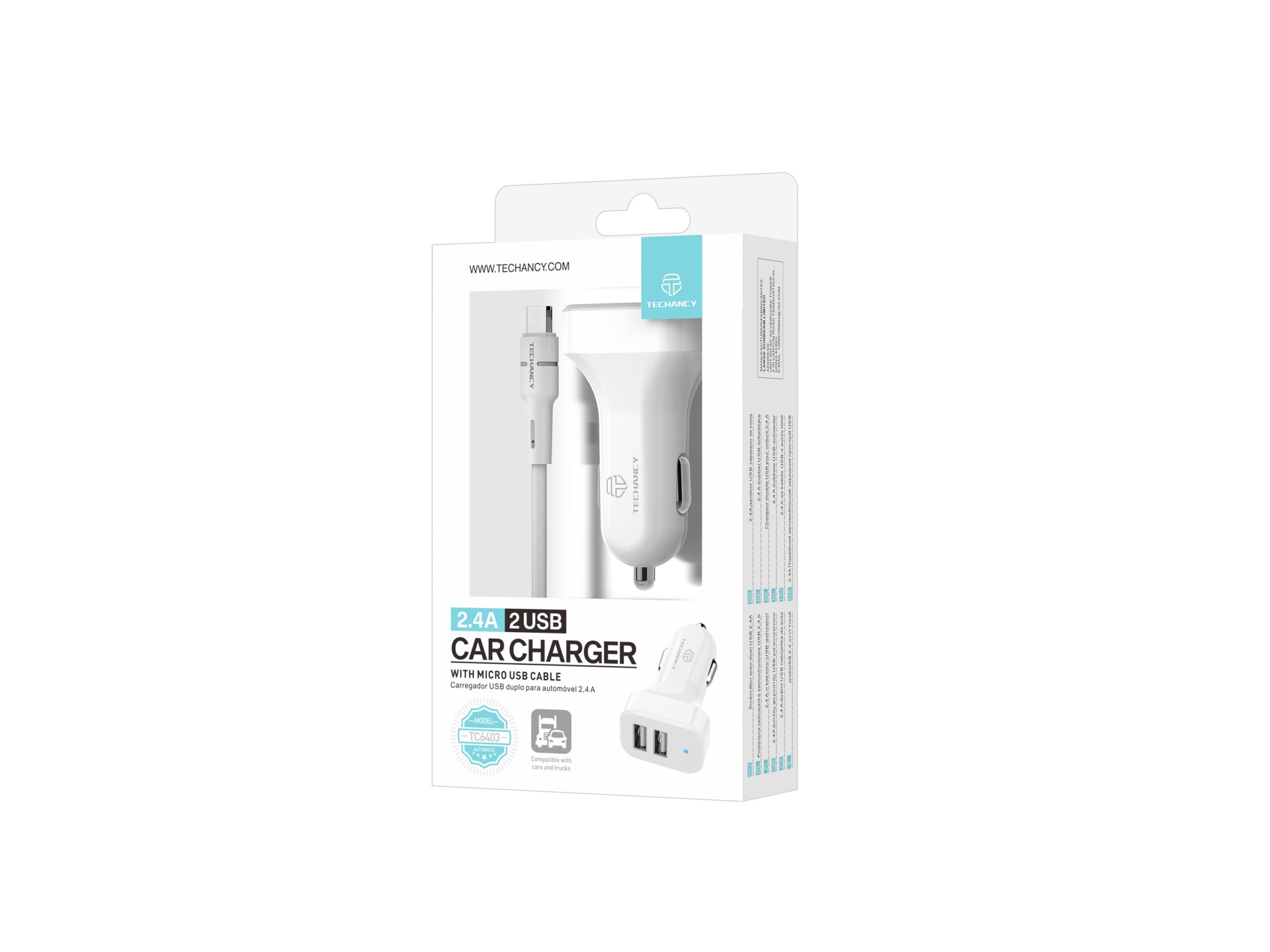 Techancy TC6403 Carregador de Carro Duplo USB 2.4A com Cabo Micro USB Branco Techancy TC6403 Carregador de Carro Duplo USB 2.4A com Cabo Micro USB Branco