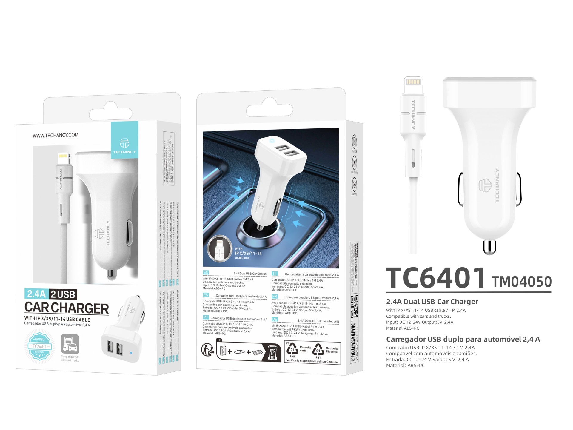 Techancy TC6401 Carregador de Carro Duplo USB 2.4A com Cabo Lightning Branco Techancy TC6401 Carregador de Carro Duplo USB 2.4A com Cabo Lightning Branco