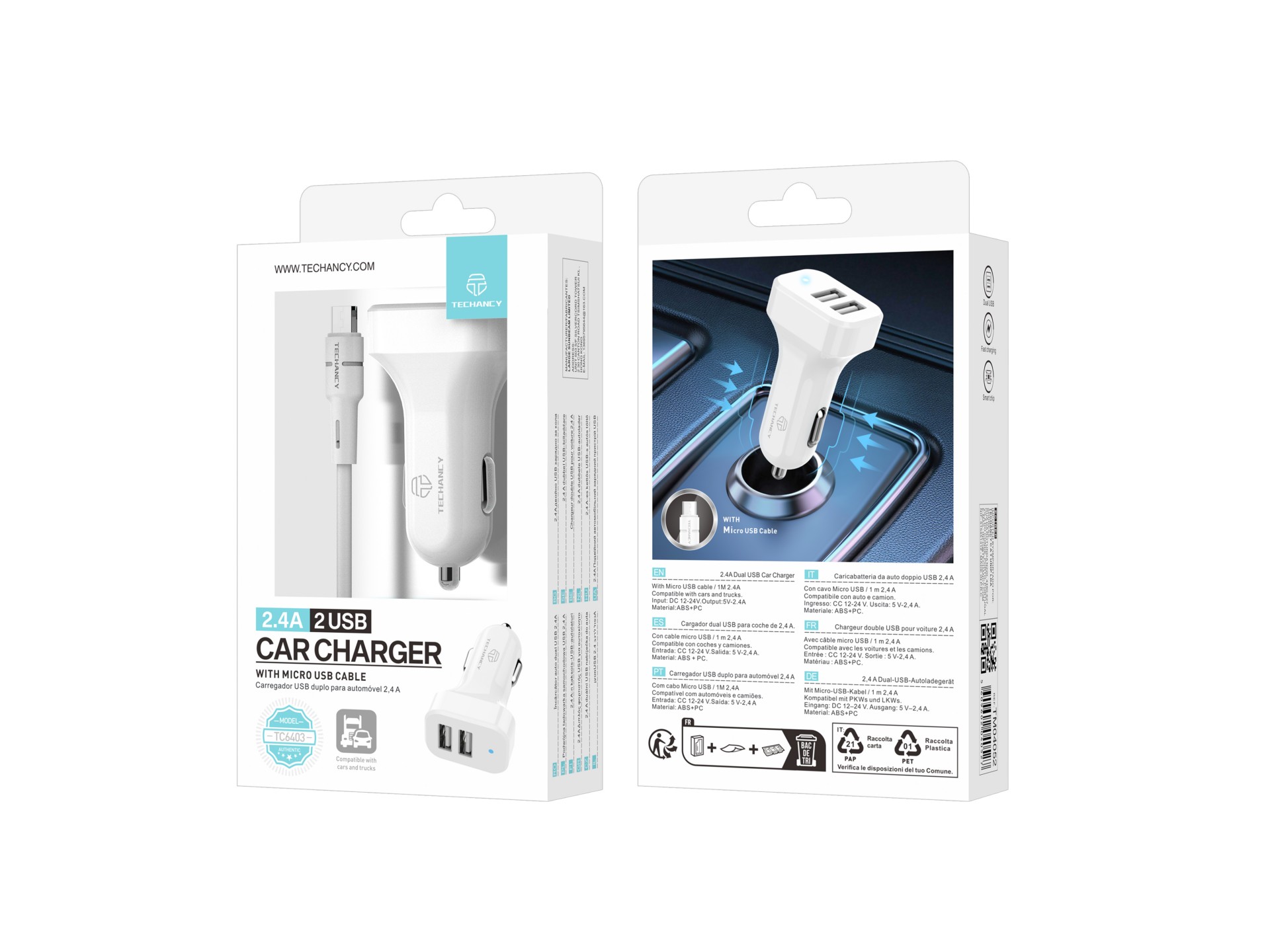 Techancy TC6403 Carregador de Carro Duplo USB 2.4A com Cabo Micro USB Branco Techancy TC6403 Carregador de Carro Duplo USB 2.4A com Cabo Micro USB Branco