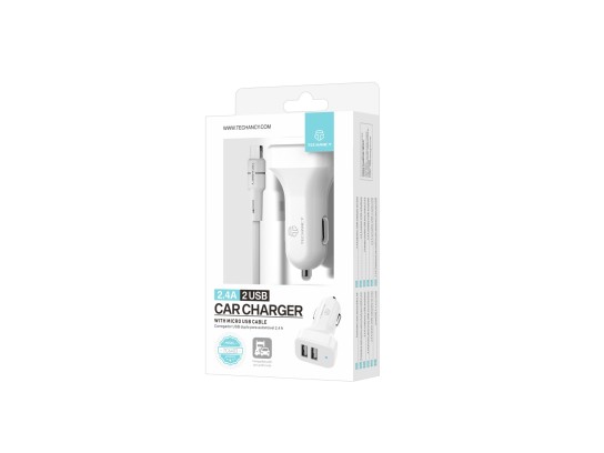Techancy TC6403 Carregador de Carro Duplo USB 2.4A com Cabo Micro USB Branco Techancy TC6403 Carregador de Carro Duplo USB 2.4A com Cabo Micro USB Branco