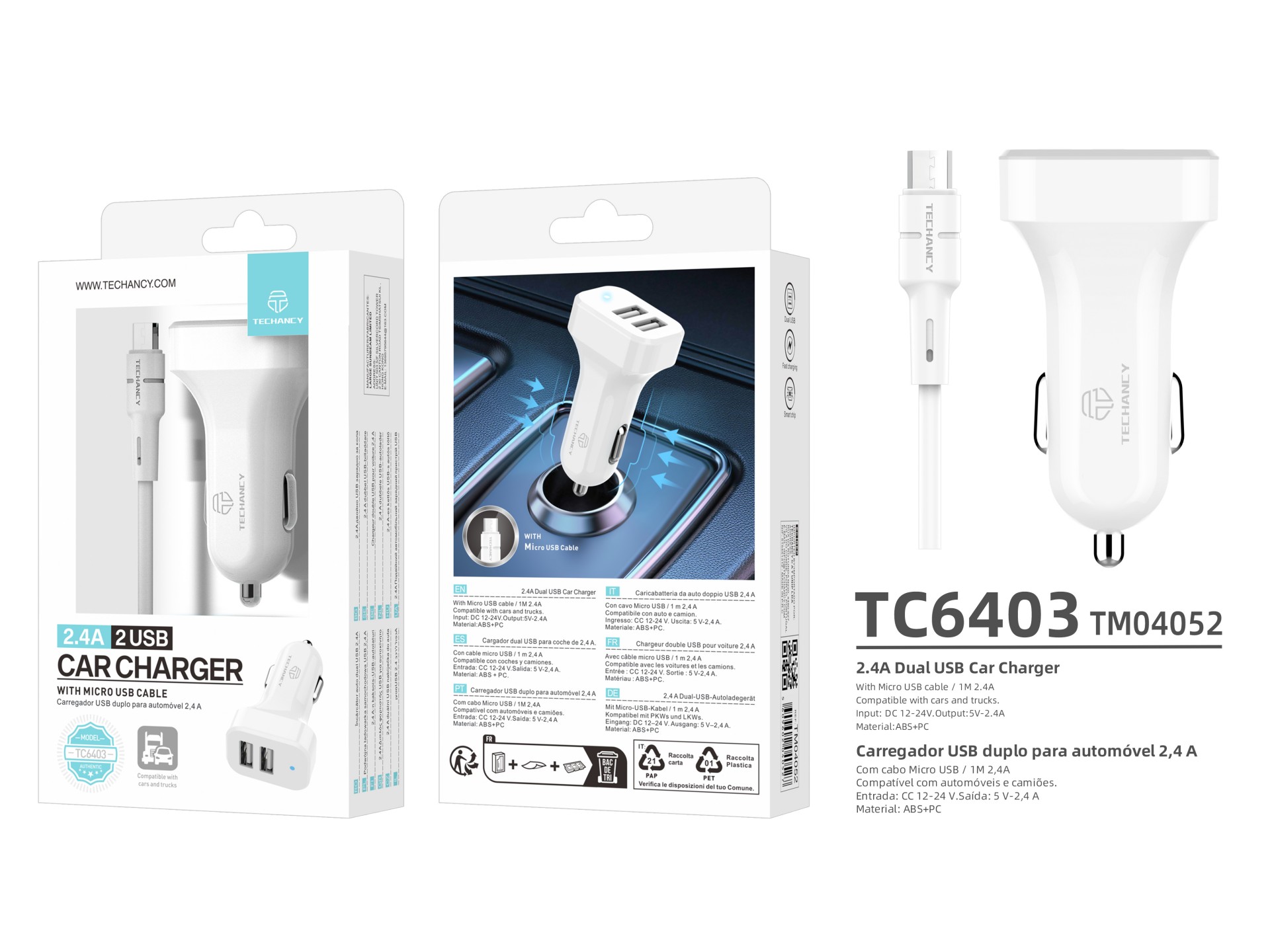Techancy TC6403 Carregador de Carro Duplo USB 2.4A com Cabo Micro USB Branco Techancy TC6403 Carregador de Carro Duplo USB 2.4A com Cabo Micro USB Branco