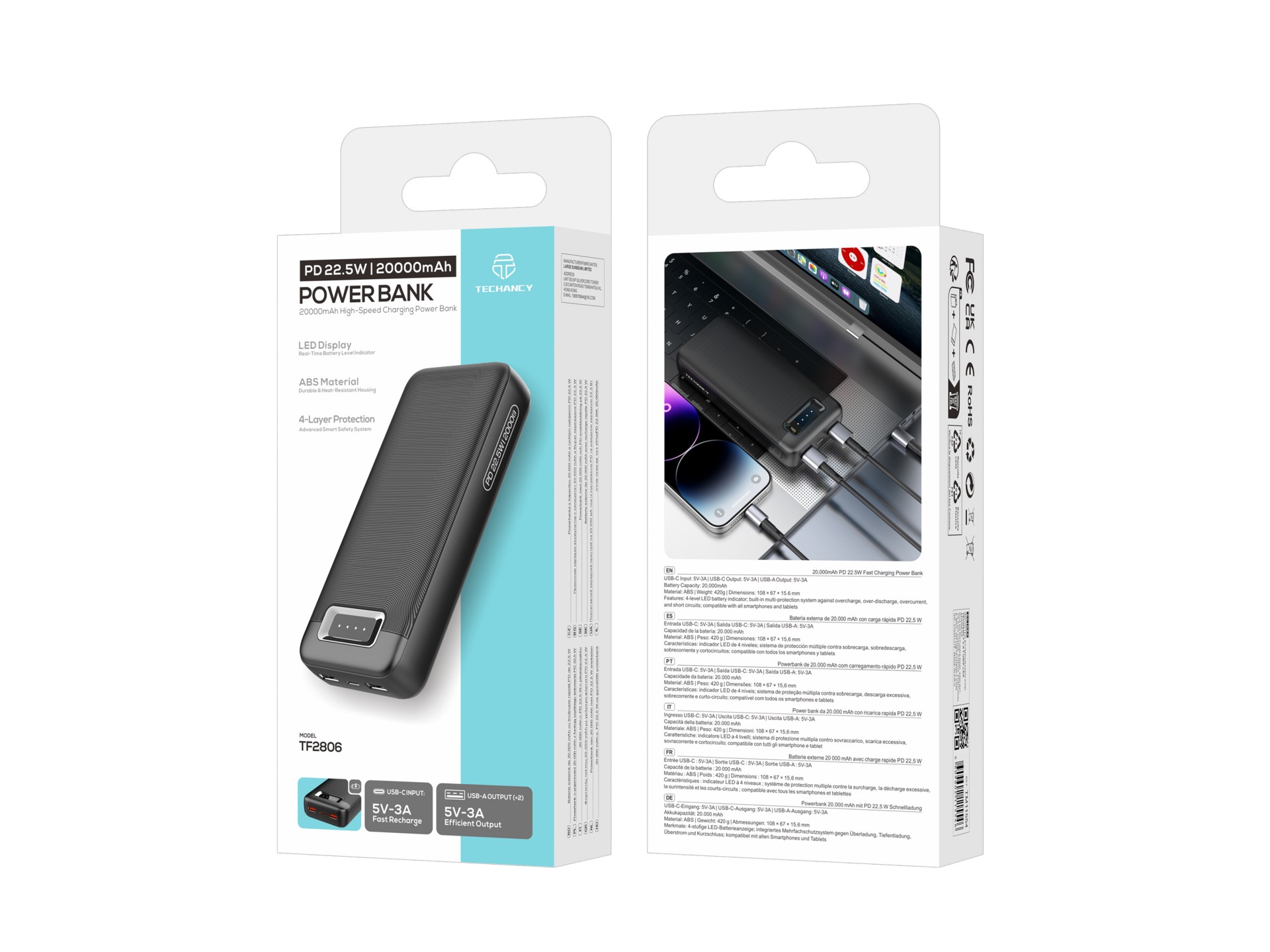 Techancy TF2806 Power Bank da 20000mAh PD 22,5W con USB-C e 2 Porte USB, Indicatore LED, Compatibile