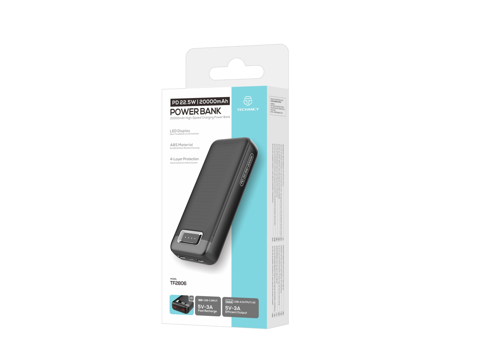 Techancy TF2806 Power Bank da 20000mAh PD 22,5W con USB-C e 2 Porte USB, Indicatore LED, Compatibile