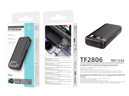 Techancy TF2806 Power Bank da 20000mAh PD 22,5W con USB-C e 2 Porte USB, Indicatore LED, Compatibile