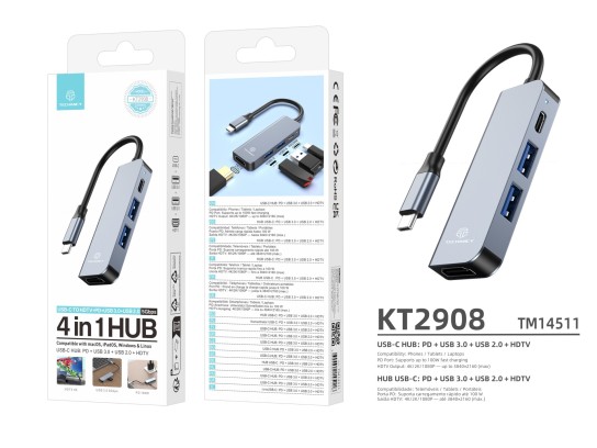 Techancy KT2908 Hub USB-C 4 in 1 con HDMI, PD, USB 3.0 e USB 2.0, Compatibile con Computer e Smartph Techancy KT2908 Hub USB-C 4 in 1 con HDMI, PD, USB 3.0 e USB 2.0, Compatibile con Computer e Smartph