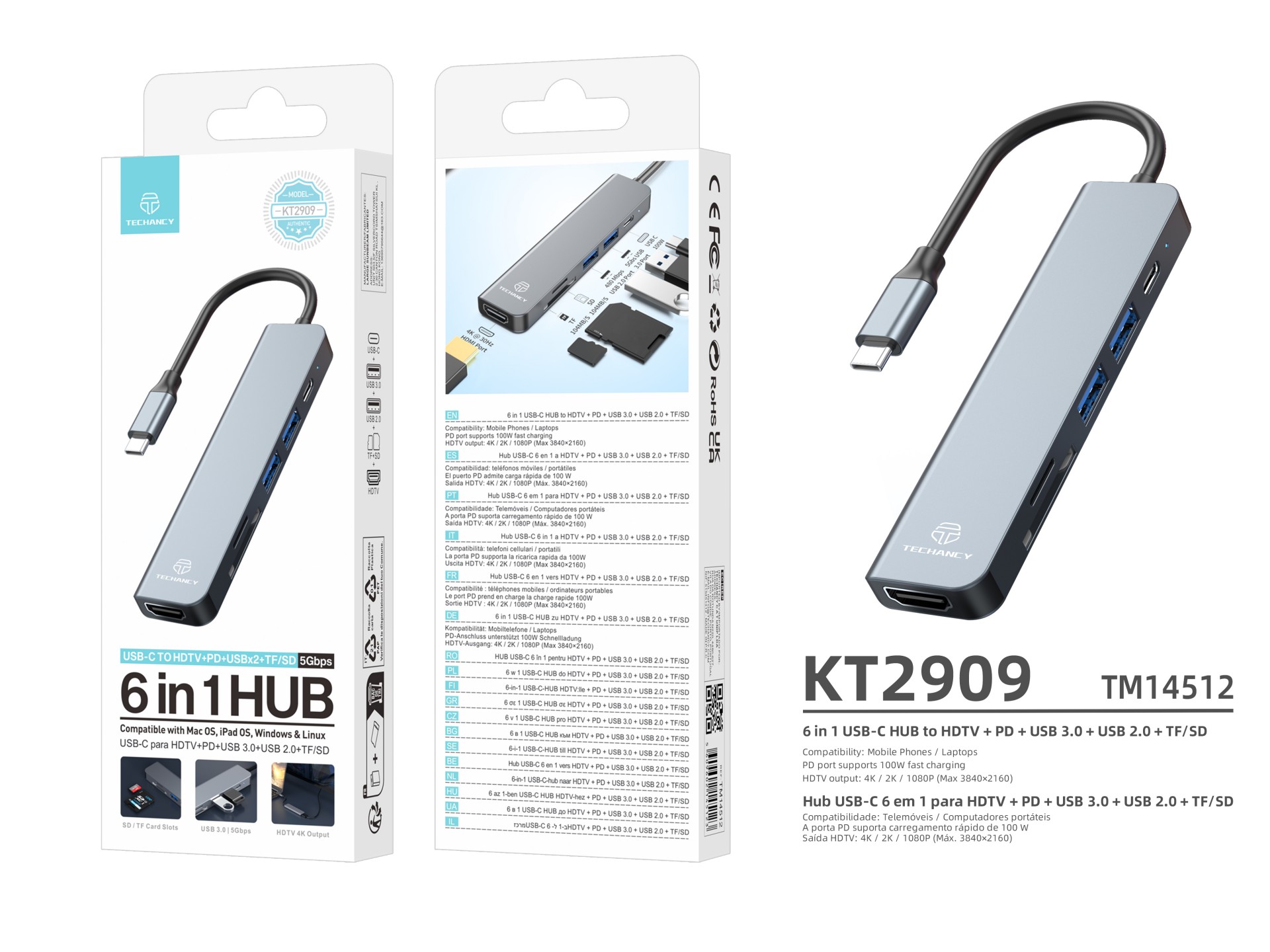 Techancy KT2909 Hub USB-C 6 in 1 con HDMI, PD, USB 3.0/2.0 e Lettore di Schede TF/SD, Compatibile co Techancy KT2909 Hub USB-C 6 in 1 con HDMI, PD, USB 3.0/2.0 e Lettore di Schede TF/SD, Compatibile co