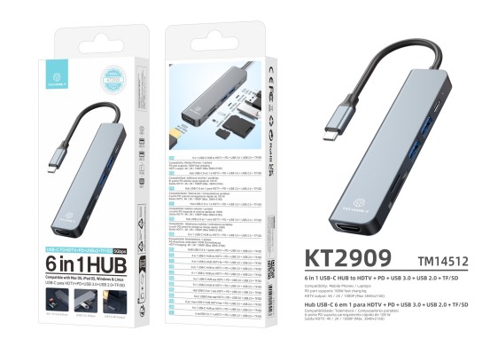 Techancy KT2909 Hub USB-C 6 in 1 con HDMI, PD, USB 3.0/2.0 e Lettore di Schede TF/SD, Compatibile co Techancy KT2909 Hub USB-C 6 in 1 con HDMI, PD, USB 3.0/2.0 e Lettore di Schede TF/SD, Compatibile co