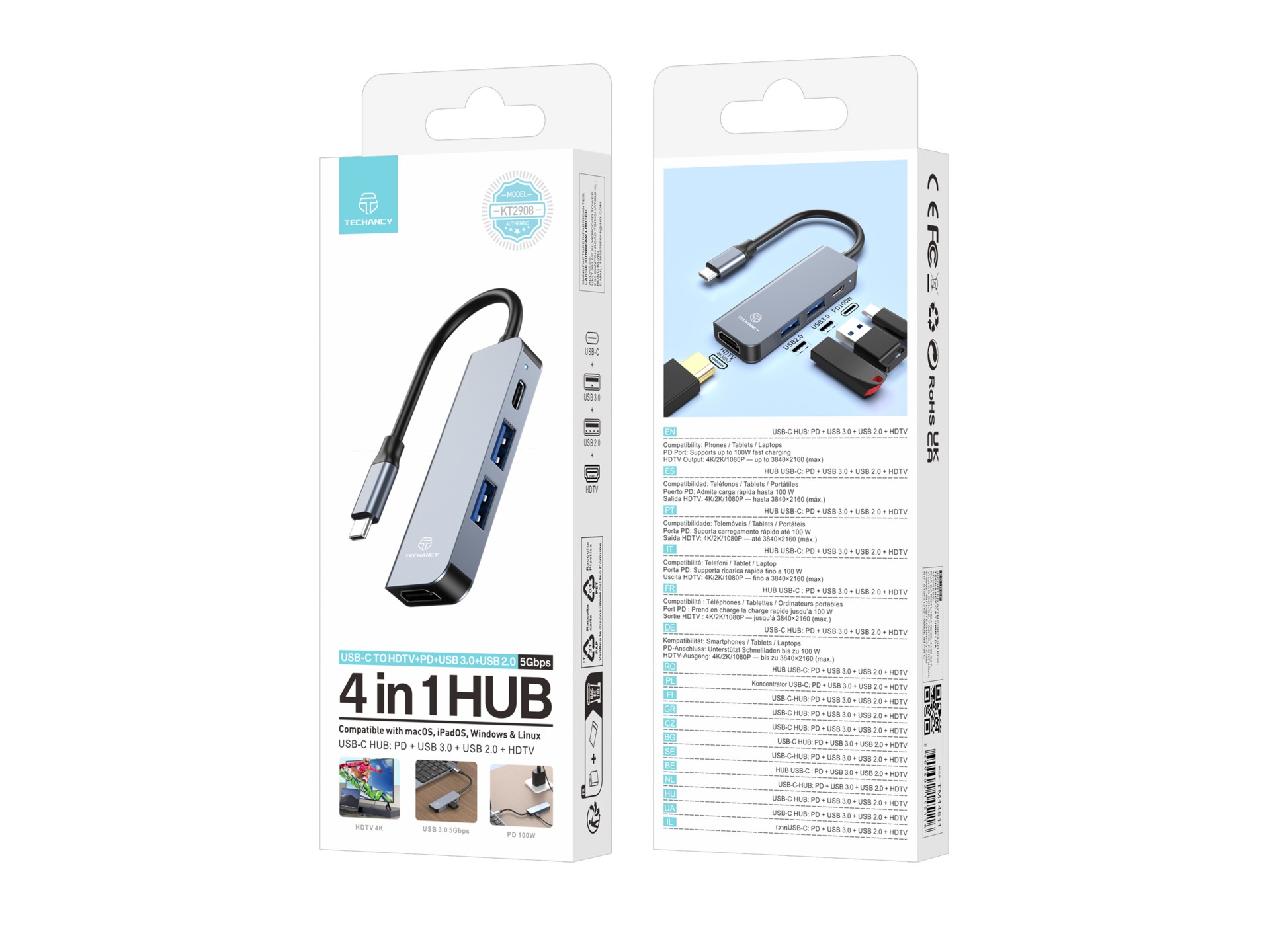 Techancy KT2908 Hub USB-C 4 in 1 con HDMI, PD, USB 3.0 e USB 2.0, Compatibile con Computer e Smartph Techancy KT2908 Hub USB-C 4 in 1 con HDMI, PD, USB 3.0 e USB 2.0, Compatibile con Computer e Smartph