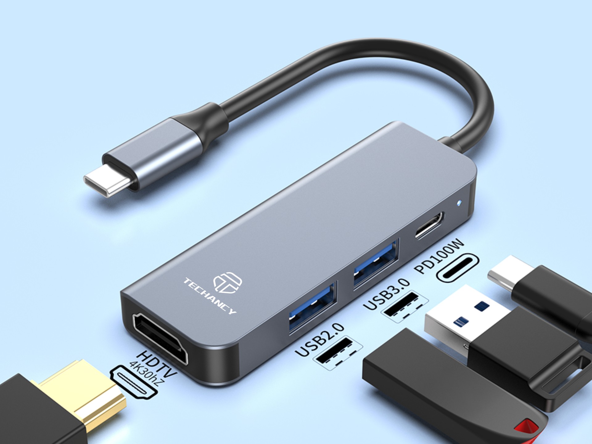 Techancy KT2908 Hub USB-C 4 in 1 con HDMI, PD, USB 3.0 e USB 2.0, Compatibile con Computer e Smartph Techancy KT2908 Hub USB-C 4 in 1 con HDMI, PD, USB 3.0 e USB 2.0, Compatibile con Computer e Smartph