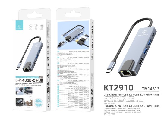 Techancy KT2910 5-in-1 USB-C Hub with HDMI, PD, USB 3.0/2.0 and RJ45, Compatible with PCs and Smartp Techancy KT2910 5-in-1 USB-C Hub with HDMI, PD, USB 3.0/2.0 and RJ45, Compatible with PCs and Smartp