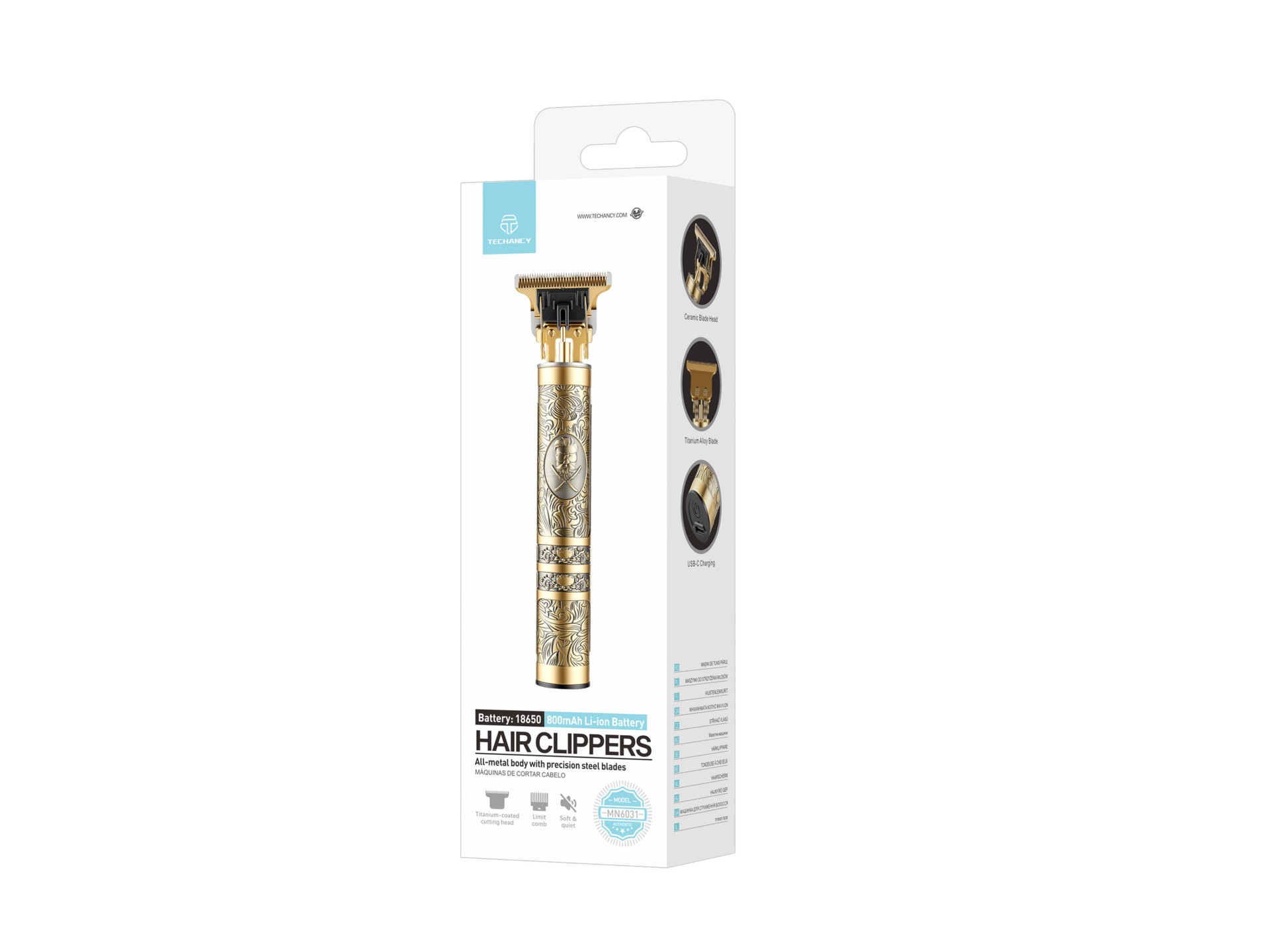 Techancy MN6031 Haarschneider mit Stahlklinge, 18650-Akku, USB-C-Ladung, Metallgehäuse, Gold Techancy MN6031 Haarschneider mit Stahlklinge, 18650-Akku, USB-C-Ladung, Metallgehäuse, Gold