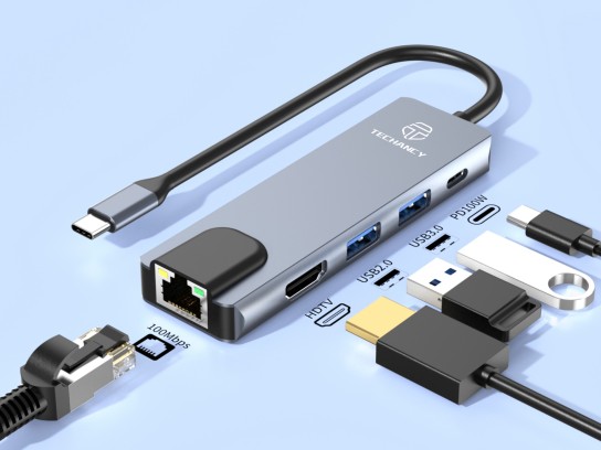 Techancy KT2910 5-in-1 USB-C Hub with HDMI, PD, USB 3.0/2.0 and RJ45, Compatible with PCs and Smartp Techancy KT2910 5-in-1 USB-C Hub with HDMI, PD, USB 3.0/2.0 and RJ45, Compatible with PCs and Smartp