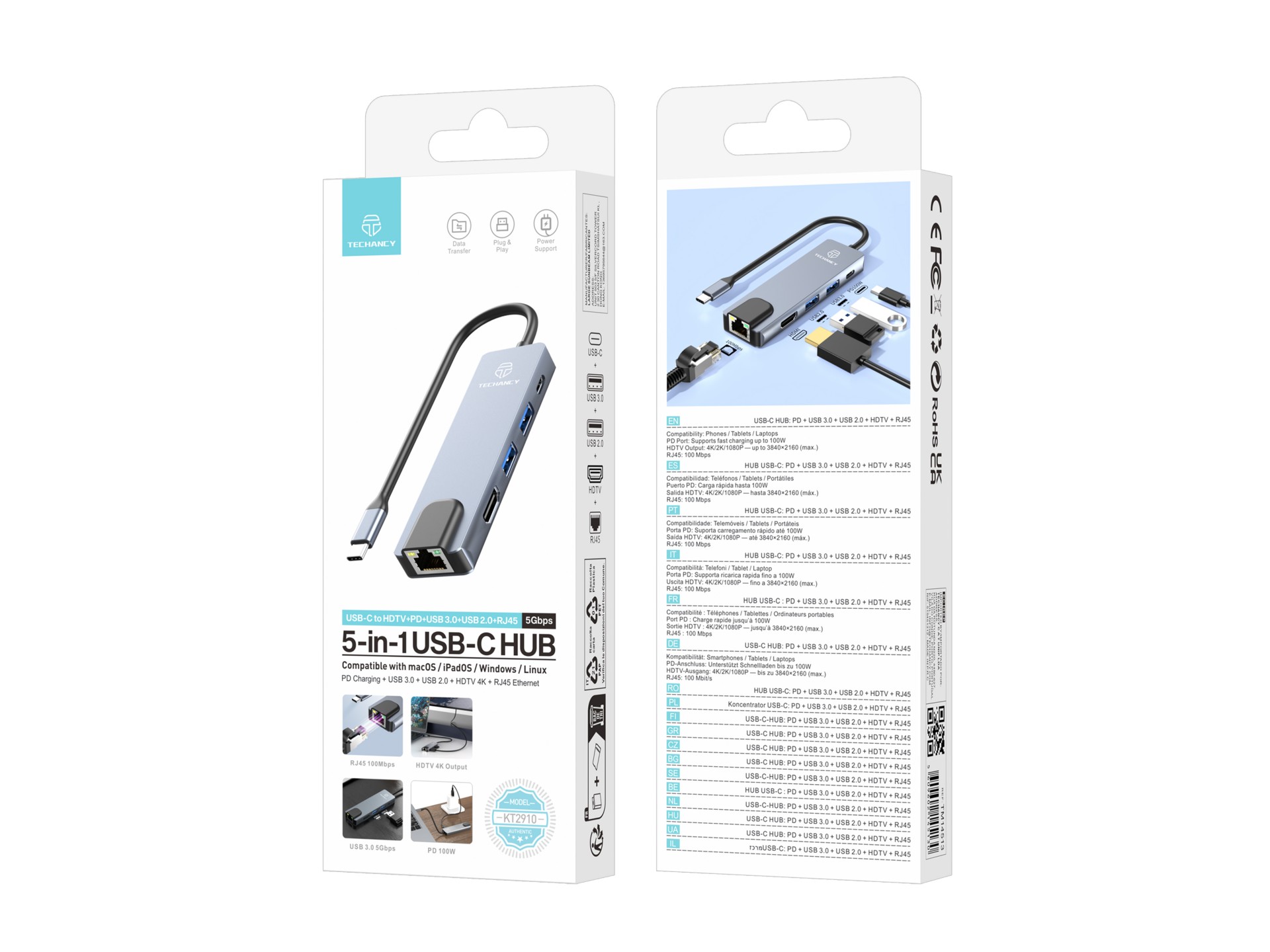 Techancy KT2910 5-in-1 USB-C Hub with HDMI, PD, USB 3.0/2.0 and RJ45, Compatible with PCs and Smartp Techancy KT2910 5-in-1 USB-C Hub with HDMI, PD, USB 3.0/2.0 and RJ45, Compatible with PCs and Smartp