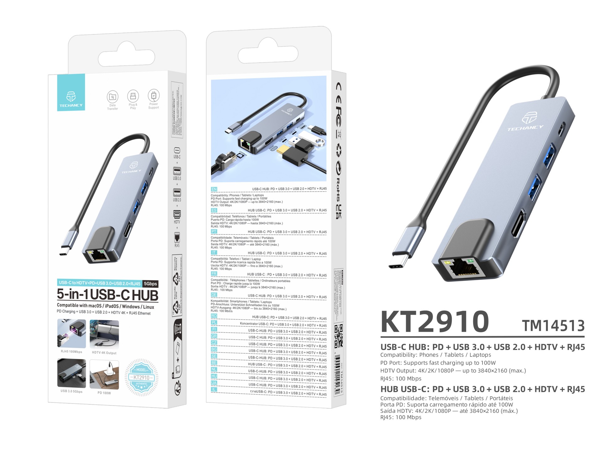 Techancy KT2910 5-in-1 USB-C Hub with HDMI, PD, USB 3.0/2.0 and RJ45, Compatible with PCs and Smartp Techancy KT2910 5-in-1 USB-C Hub with HDMI, PD, USB 3.0/2.0 and RJ45, Compatible with PCs and Smartp