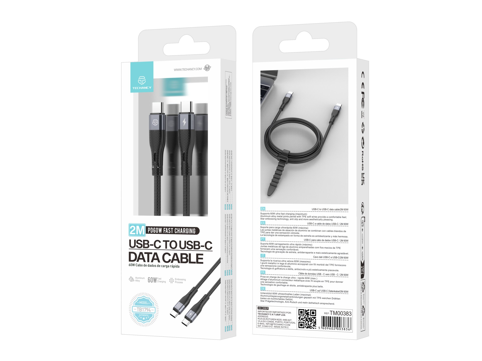 Techancy USB-C-auf-USB-C-Kabel TB1794, 2 m, PD-Schnellladen mit 60 W und Datenübertragung, Stecker a Techancy USB-C-auf-USB-C-Kabel TB1794, 2 m, PD-Schnellladen mit 60 W und Datenübertragung, Stecker a