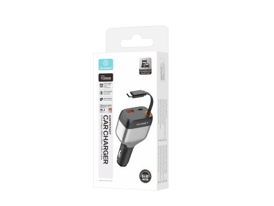 Techancy TC6516 Retractable Car Charger 84W PD, 3 Ports, 80cm USB-C Cable, USB-A, Black and Silver Techancy TC6516 Retractable Car Charger 84W PD, 3 Ports, 80cm USB-C Cable, USB-A, Black and Silver
