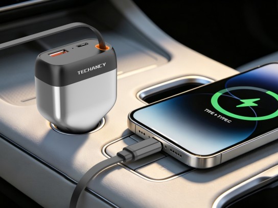 Techancy TC6516 Retractable Car Charger 84W PD, 3 Ports, 80cm USB-C Cable, USB-A, Black and Silver Techancy TC6516 Retractable Car Charger 84W PD, 3 Ports, 80cm USB-C Cable, USB-A, Black and Silver