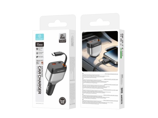 Techancy TC6516 Retractable Car Charger 84W PD, 3 Ports, 80cm USB-C Cable, USB-A, Black and Silver Techancy TC6516 Retractable Car Charger 84W PD, 3 Ports, 80cm USB-C Cable, USB-A, Black and Silver