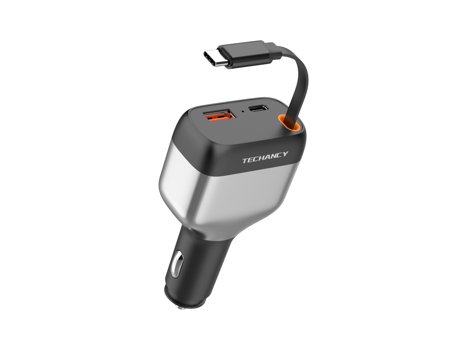 Techancy TC6516 Retractable Car Charger 84W PD, 3 Ports, 80cm USB-C Cable, USB-A, Black and Silver Techancy TC6516 Retractable Car Charger 84W PD, 3 Ports, 80cm USB-C Cable, USB-A, Black and Silver