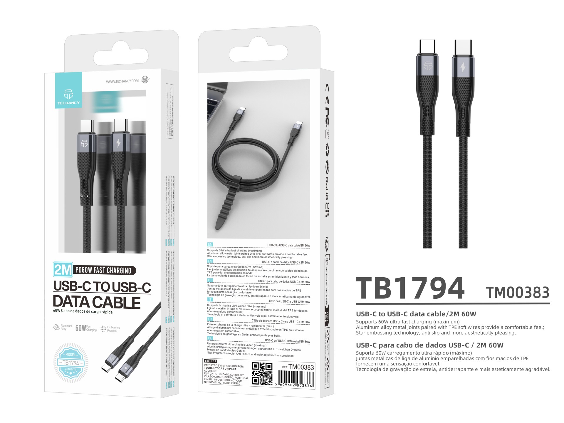 Techancy USB-C-auf-USB-C-Kabel TB1794, 2 m, PD-Schnellladen mit 60 W und Datenübertragung, Stecker a Techancy USB-C-auf-USB-C-Kabel TB1794, 2 m, PD-Schnellladen mit 60 W und Datenübertragung, Stecker a