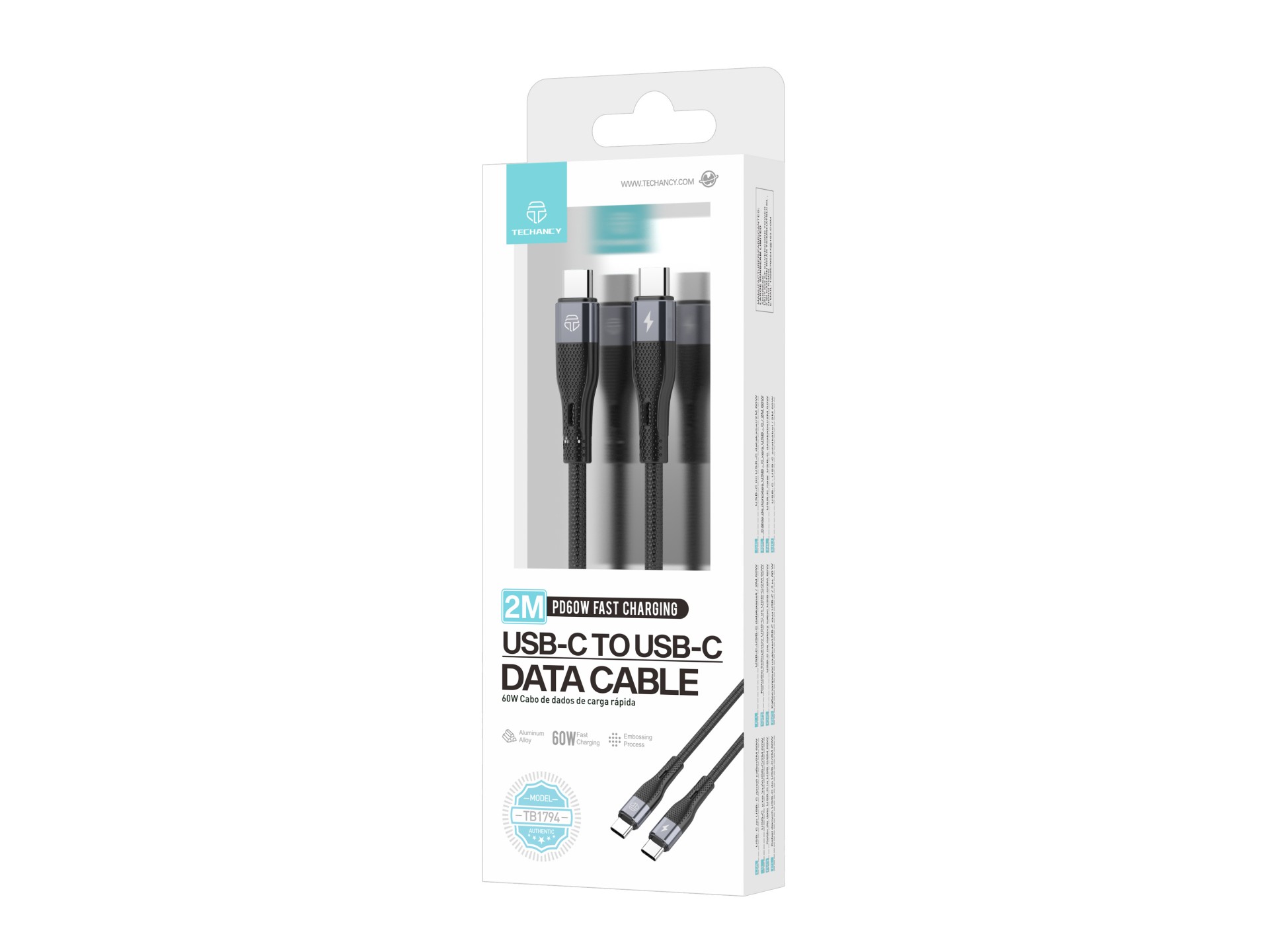 Techancy USB-C-auf-USB-C-Kabel TB1794, 2 m, PD-Schnellladen mit 60 W und Datenübertragung, Stecker a Techancy USB-C-auf-USB-C-Kabel TB1794, 2 m, PD-Schnellladen mit 60 W und Datenübertragung, Stecker a