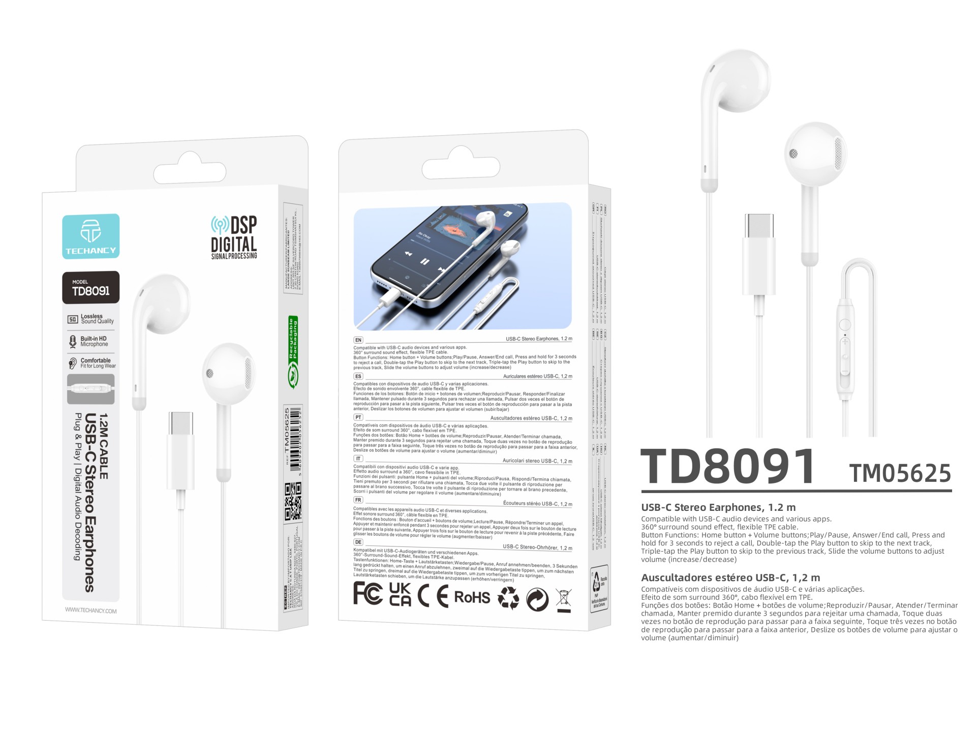Techancy Auriculares USB-C con cable TD8091, cable de 1,2 m, sonido estéreo DSP, micrófono HD, contr Techancy Auriculares USB-C con cable TD8091, cable de 1,2 m, sonido estéreo DSP, micrófono HD, contr