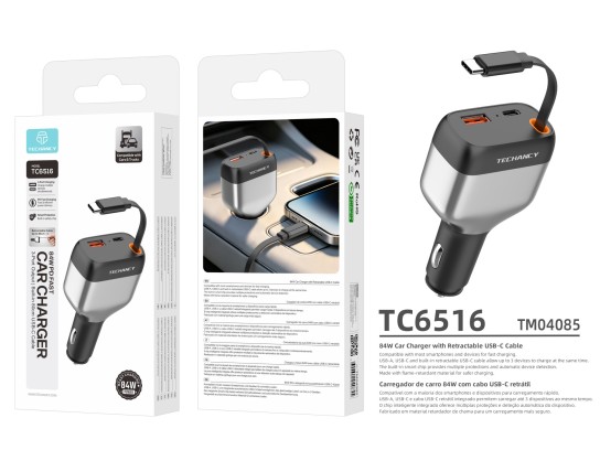 Techancy TC6516 Retractable Car Charger 84W PD, 3 Ports, 80cm USB-C Cable, USB-A, Black and Silver Techancy TC6516 Retractable Car Charger 84W PD, 3 Ports, 80cm USB-C Cable, USB-A, Black and Silver