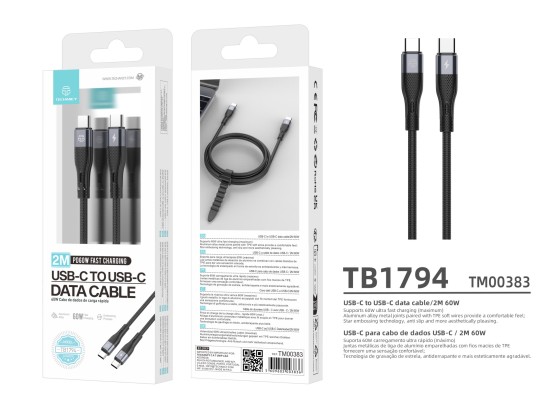 Techancy TB1794 USB-C to USB-C Cable, 2m, 60W PD Fast Charging and Data Transfer, Aluminium Connecto Techancy TB1794 USB-C to USB-C Cable, 2m, 60W PD Fast Charging and Data Transfer, Aluminium Connecto