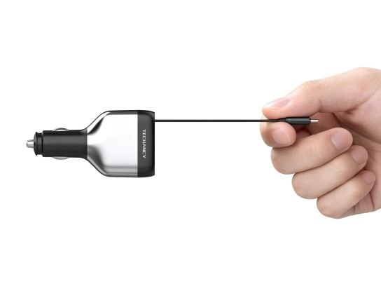 Techancy TC6516 Retractable Car Charger 84W PD, 3 Ports, 80cm USB-C Cable, USB-A, Black and Silver Techancy TC6516 Retractable Car Charger 84W PD, 3 Ports, 80cm USB-C Cable, USB-A, Black and Silver