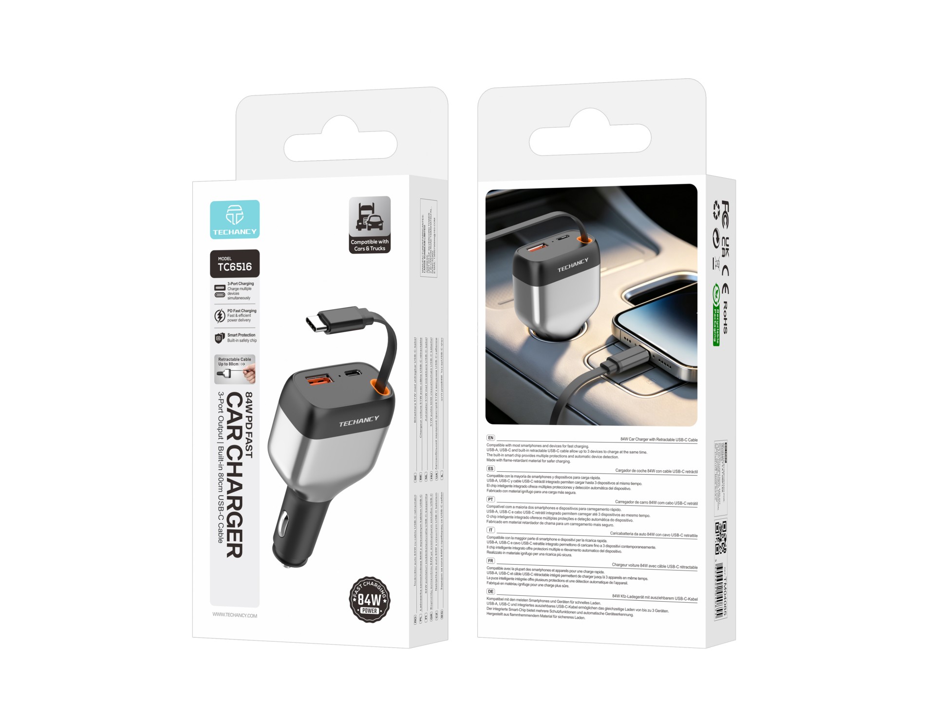 Techancy Caricabatterie da auto TC6516, 84 W PD, 3 porte, cavo USB-C retrattile da 80 cm, USB-A, ner Techancy Caricabatterie da auto TC6516, 84 W PD, 3 porte, cavo USB-C retrattile da 80 cm, USB-A, ner