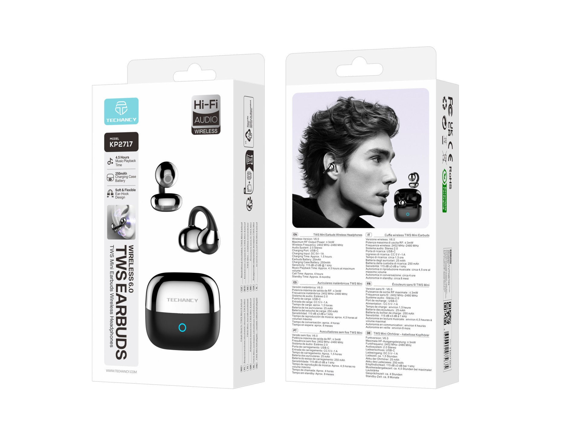 Techancy KP2717 Open-Ear Wireless Earbuds, Bluetooth 6.0, Mini TWS, Ear Hooks, 4.5 Hour Battery, USB