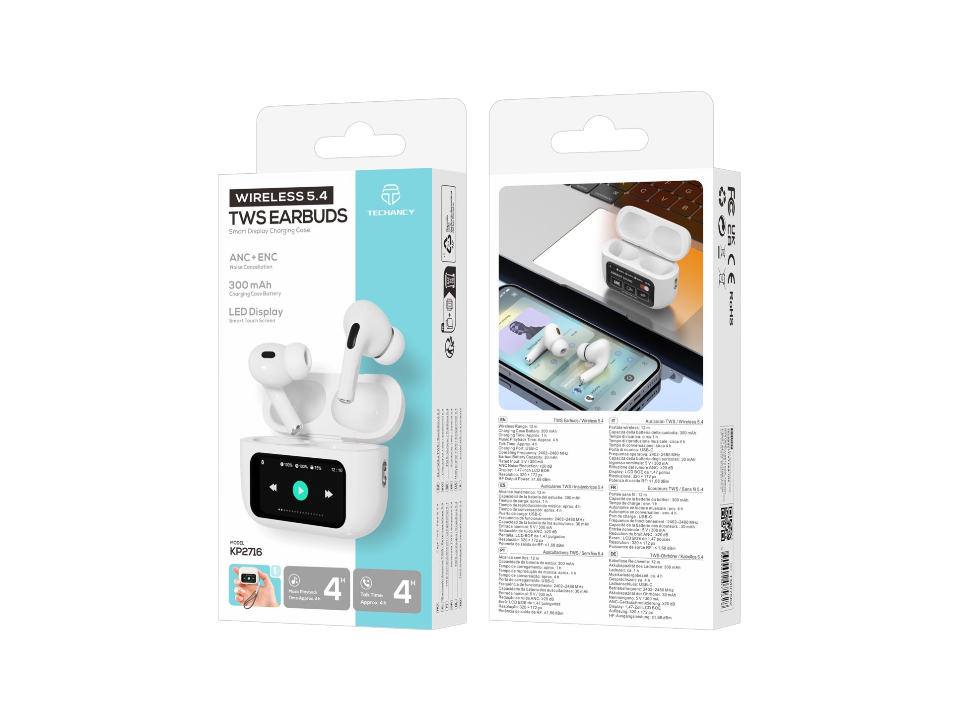 Techancy KP2716 TWS Wireless Earbuds, Bluetooth 5.4, HiFi, ANC ENC, Touchscreen Case, USB-C, 4 Hour Techancy KP2716 TWS Wireless Earbuds, Bluetooth 5.4, HiFi, ANC ENC, Touchscreen Case, USB-C, 4 Hour