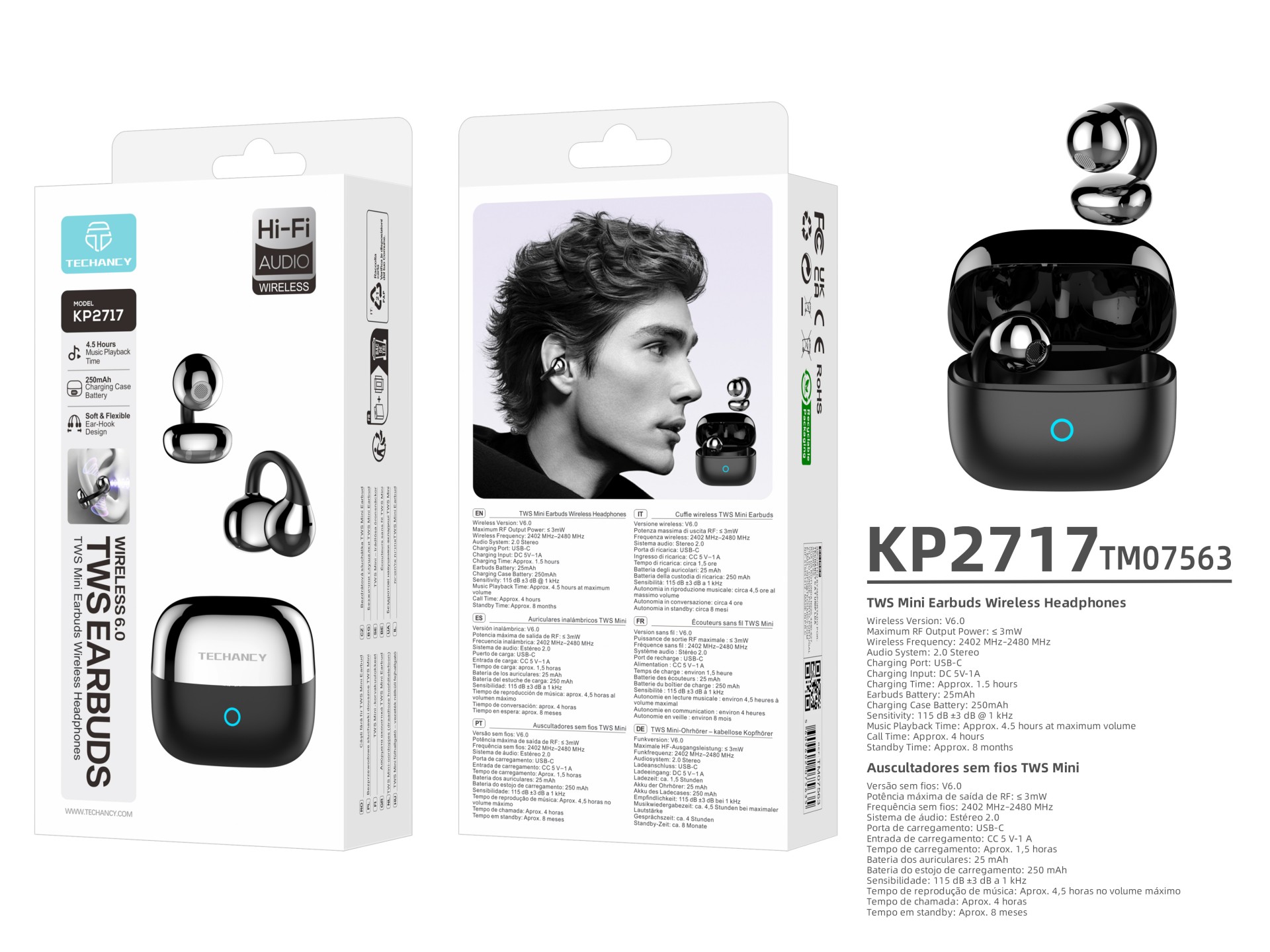 Techancy KP2717 Open-Ear Wireless Earbuds, Bluetooth 6.0, Mini TWS, Ear Hooks, 4.5 Hour Battery, USB