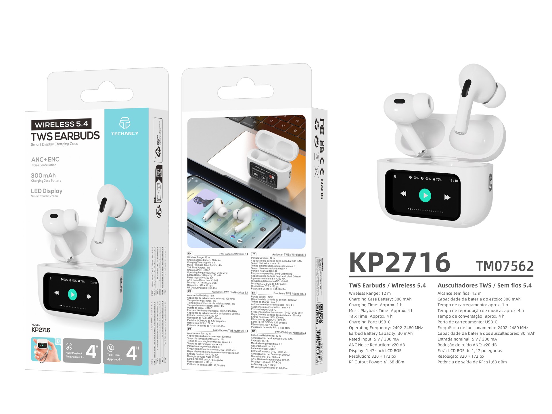 Techancy KP2716 TWS Wireless Earbuds, Bluetooth 5.4, HiFi, ANC ENC, Touchscreen Case, USB-C, 4 Hour Techancy KP2716 TWS Wireless Earbuds, Bluetooth 5.4, HiFi, ANC ENC, Touchscreen Case, USB-C, 4 Hour